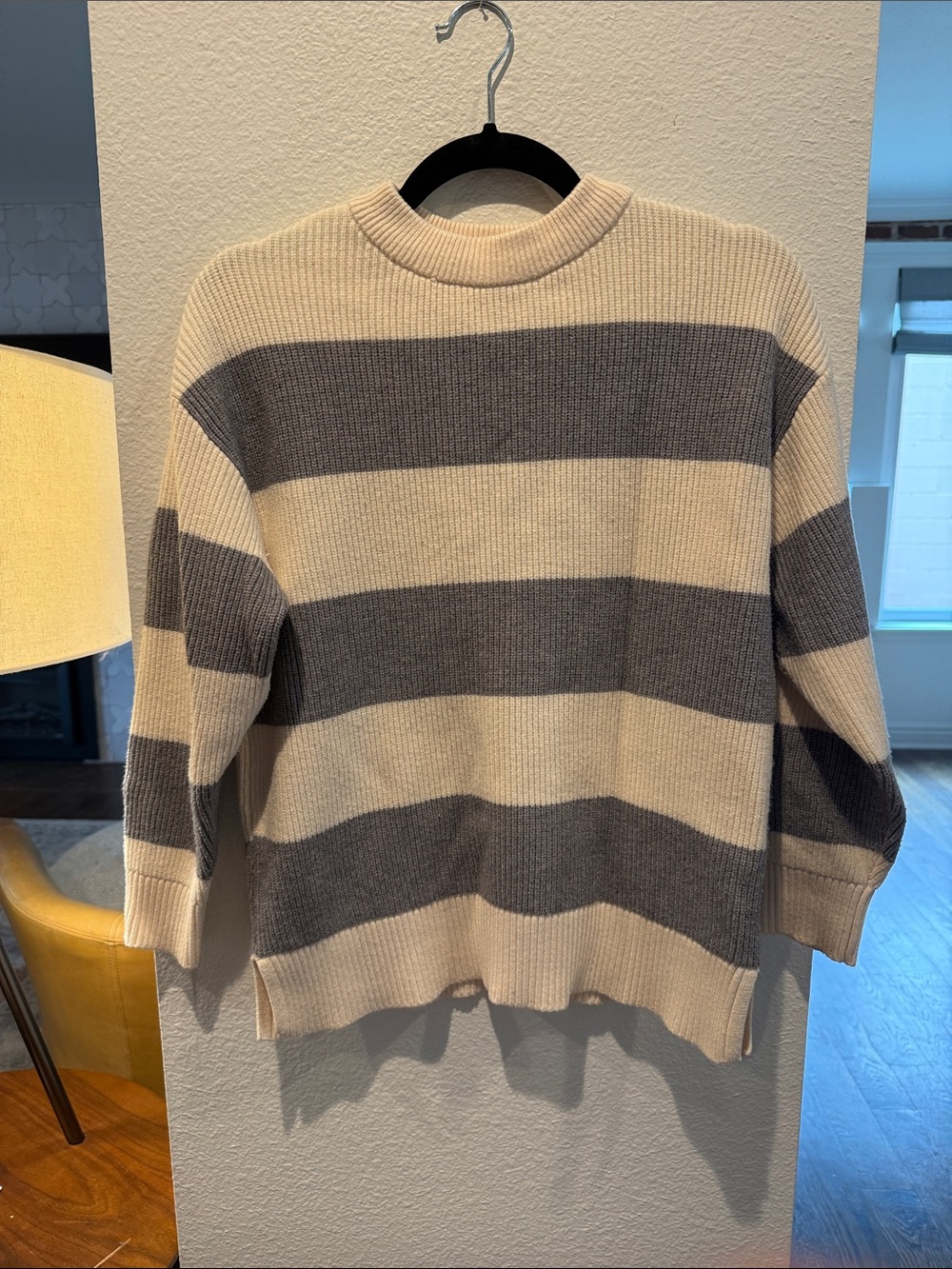 Zara Cream and Gray Wide-Stripe Crewneck Sweater